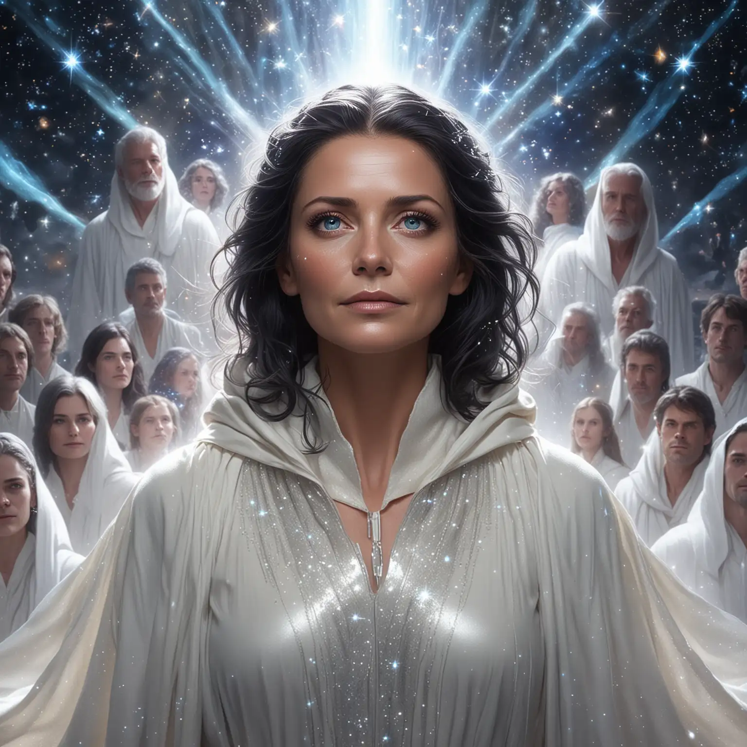 Galactic Mature Woman in Glowing White Robes Surrounded by Iridescent Figures