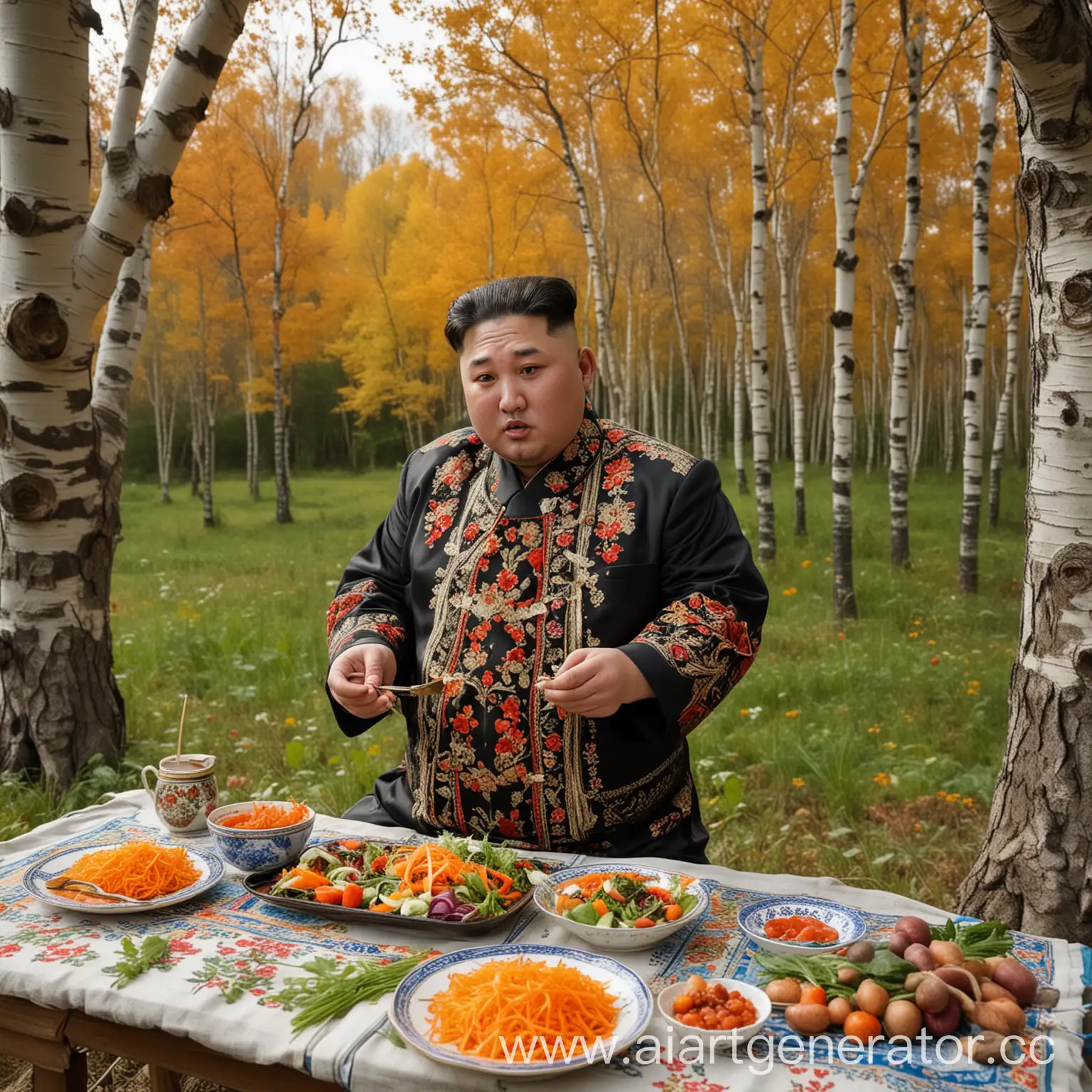 Kim-Jong-Un-Enjoying-Korean-Carrot-Salad-in-Russian-Folk-Attire