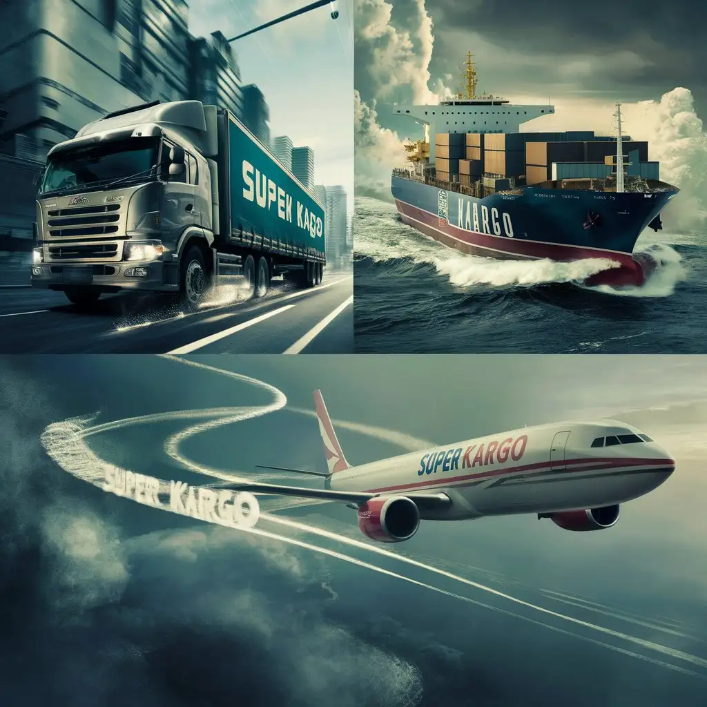 A fast-moving logistics truck, ship and plane have "SUPER KARGO" written on them.
