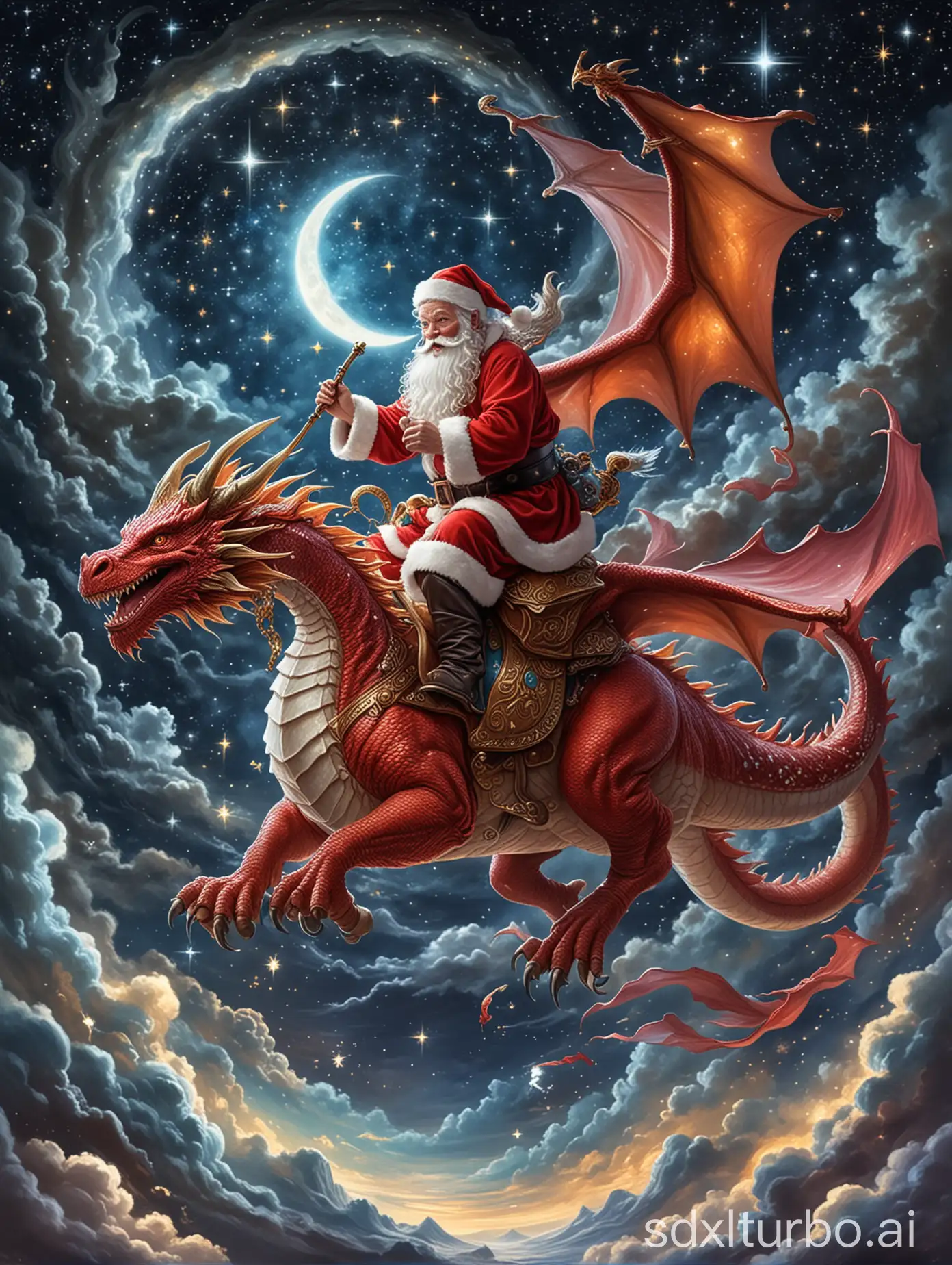 Santa, as he rides on a glittering flying dragon that carries him high into the night sky, where the stars are his only companions.