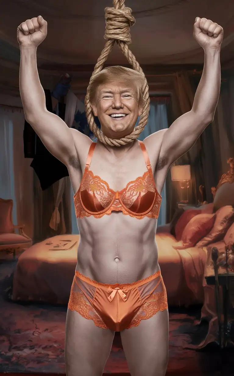 Donald trump celebrates victory by hanging himself in his bedroom, noose, lacy orange lingerie bra and knickers, happy smile