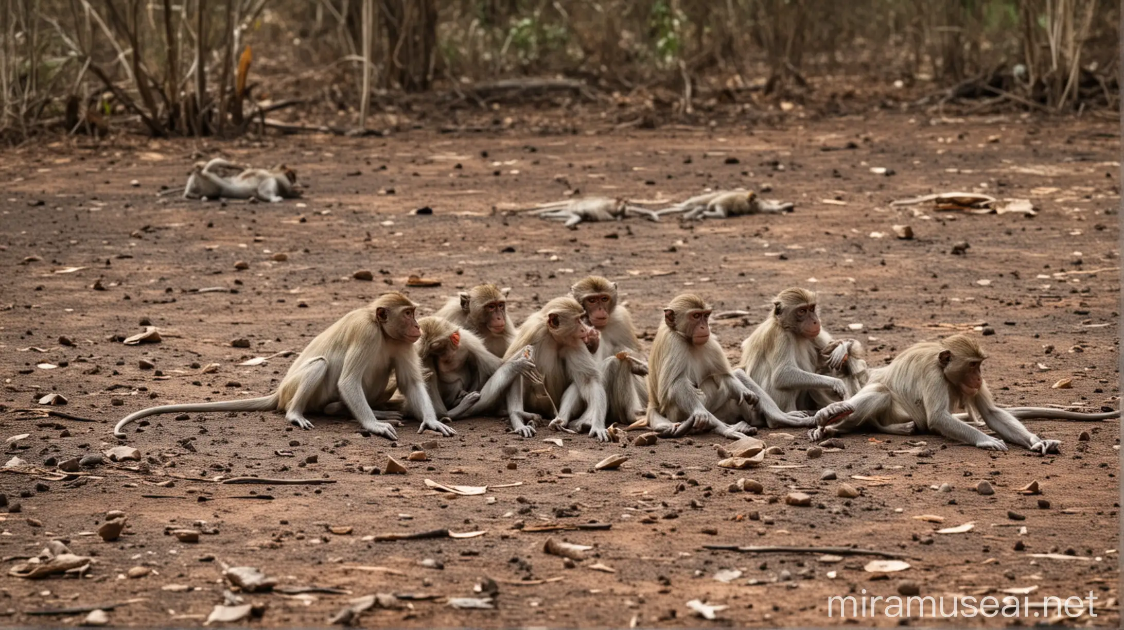 5 monkeys are lying dead near a dry pond in the forest