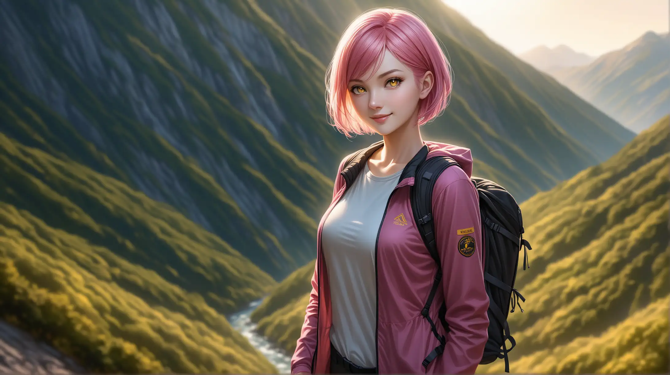 Draw a woman, short pink hair, yellow ringed eyes, slender figure, high quality, realistic, accurate, detailed, long shot, outdoors, dim lighting, hiking outfit, seductive pose, smiling toward viewer