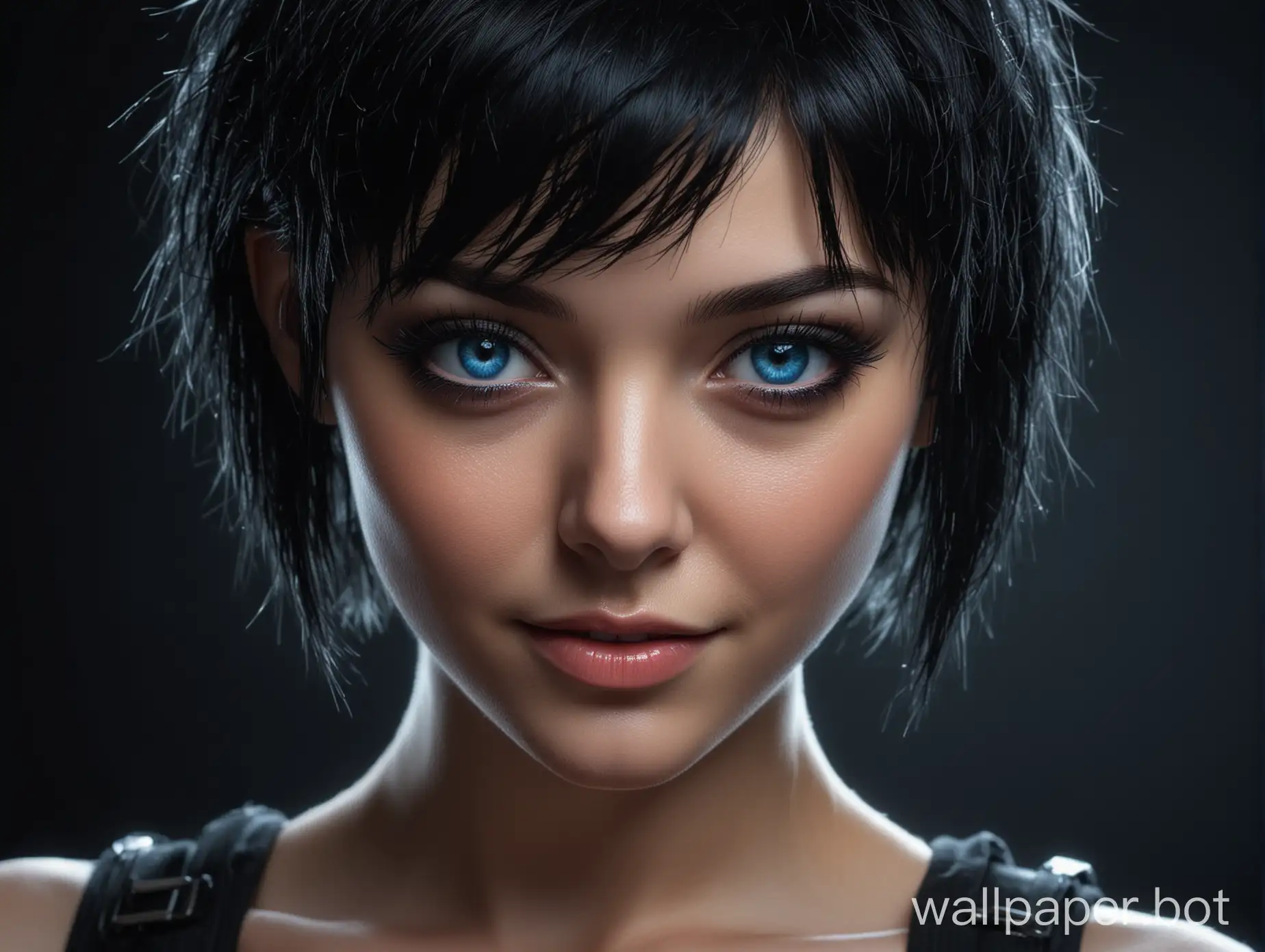 beautiful girl, close-up of face, seductive smile, bright blue eyes, short black hair, in cyberpunk style, dark background