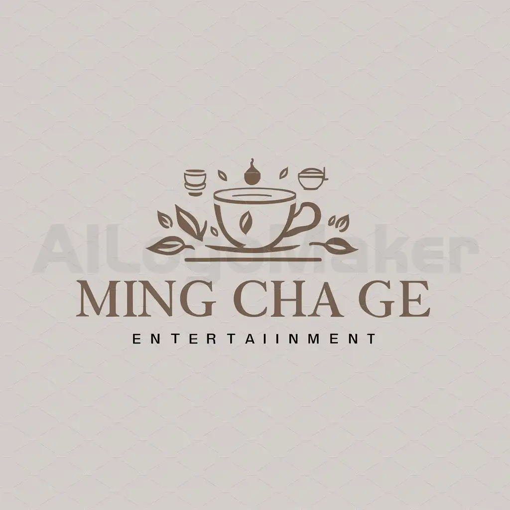 LOGO-Design-For-Ming-Cha-Ge-Elegant-Tea-Theme-with-Tea-Leaves-and-Tea-Ware