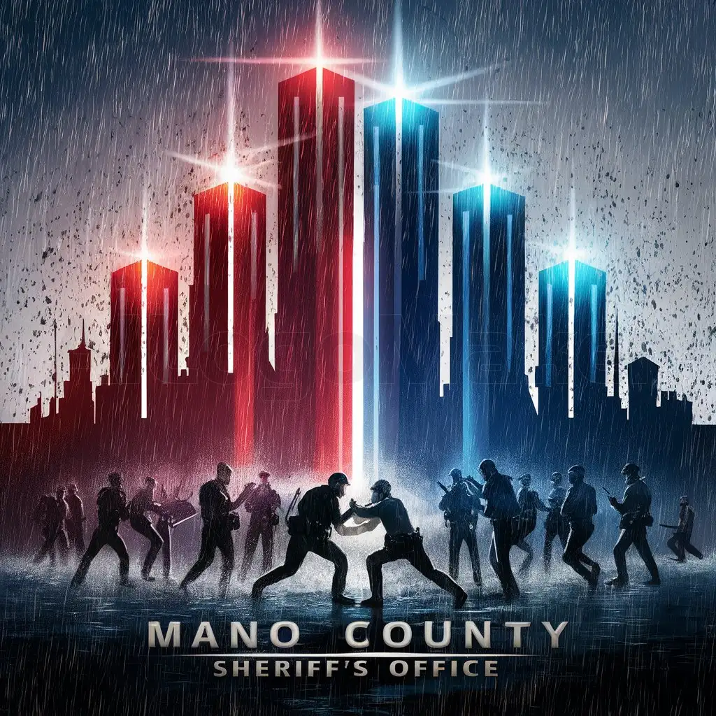 a logo design,with the text "Mano County Sheriff’s Office", main symbol:Skycrapers flashing red and blue lights with an intense battle of police and criminals with rain pouring down from the sky,Moderate,clear background