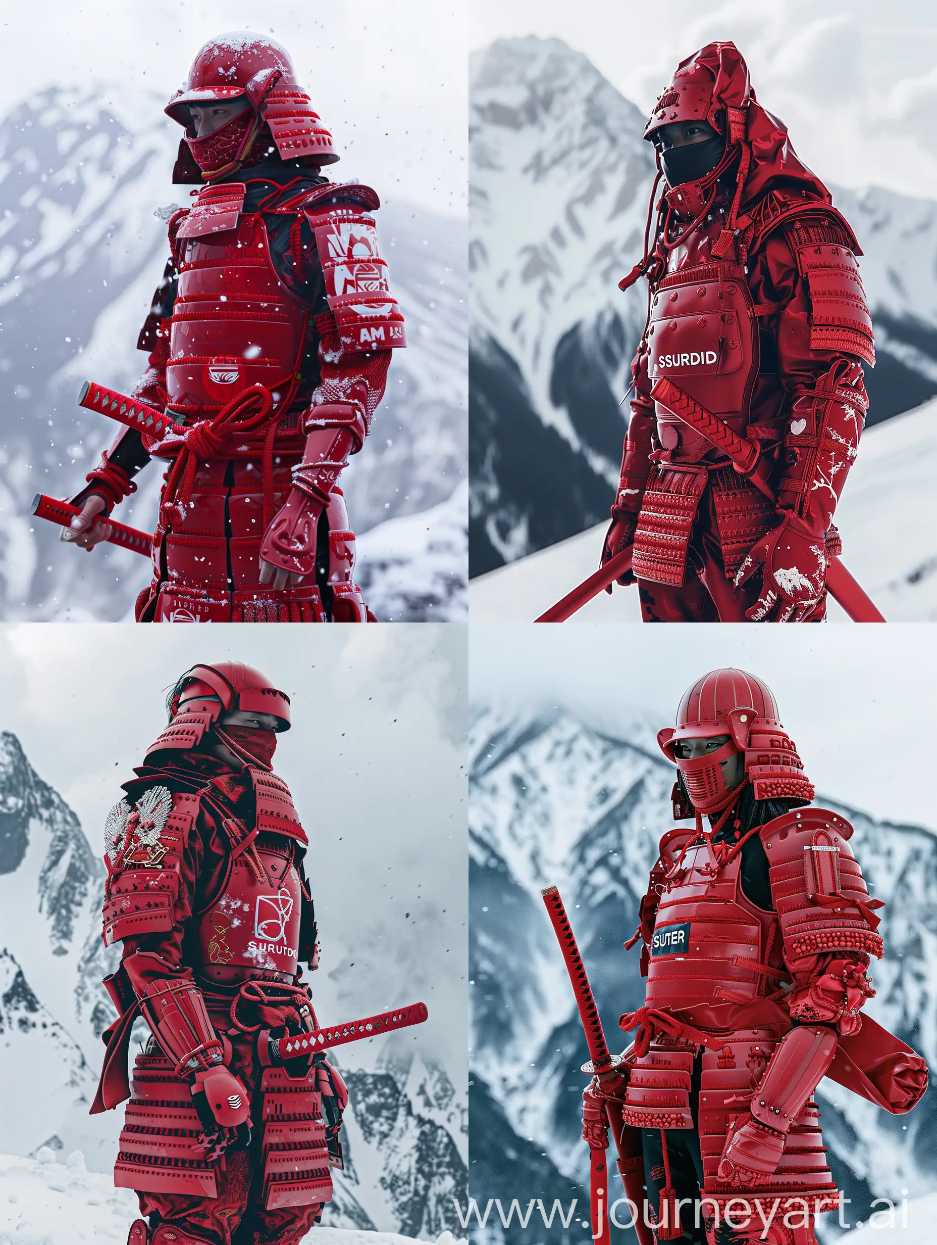 A person standing against a snowy mountainous background, wearing modernized red samurai-style armor with Supreme branding. The armor includes intricate detailing and protective gear, and the person holds a red sheathed sword.