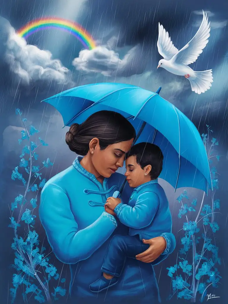 heartwarming, detailed digital painting depicting a beautiful, latina father and his child seeking comfort under a bright blue umbrella during a storm. Both figures are dressed in calming shades of blue, adding to the sense of unity and protection. Above them, a radiant rainbow shines through the turbulent clouds, symbolizing hope and resilience. A peaceful dove gracefully glides across the sky, bringing a feeling of tranquility and peace to the scene. The imagery of the blue hues, coupled with the symbols of hope and peace, creates a soothing and reassuring atmosphere in this touching moment of maternal love and solace.