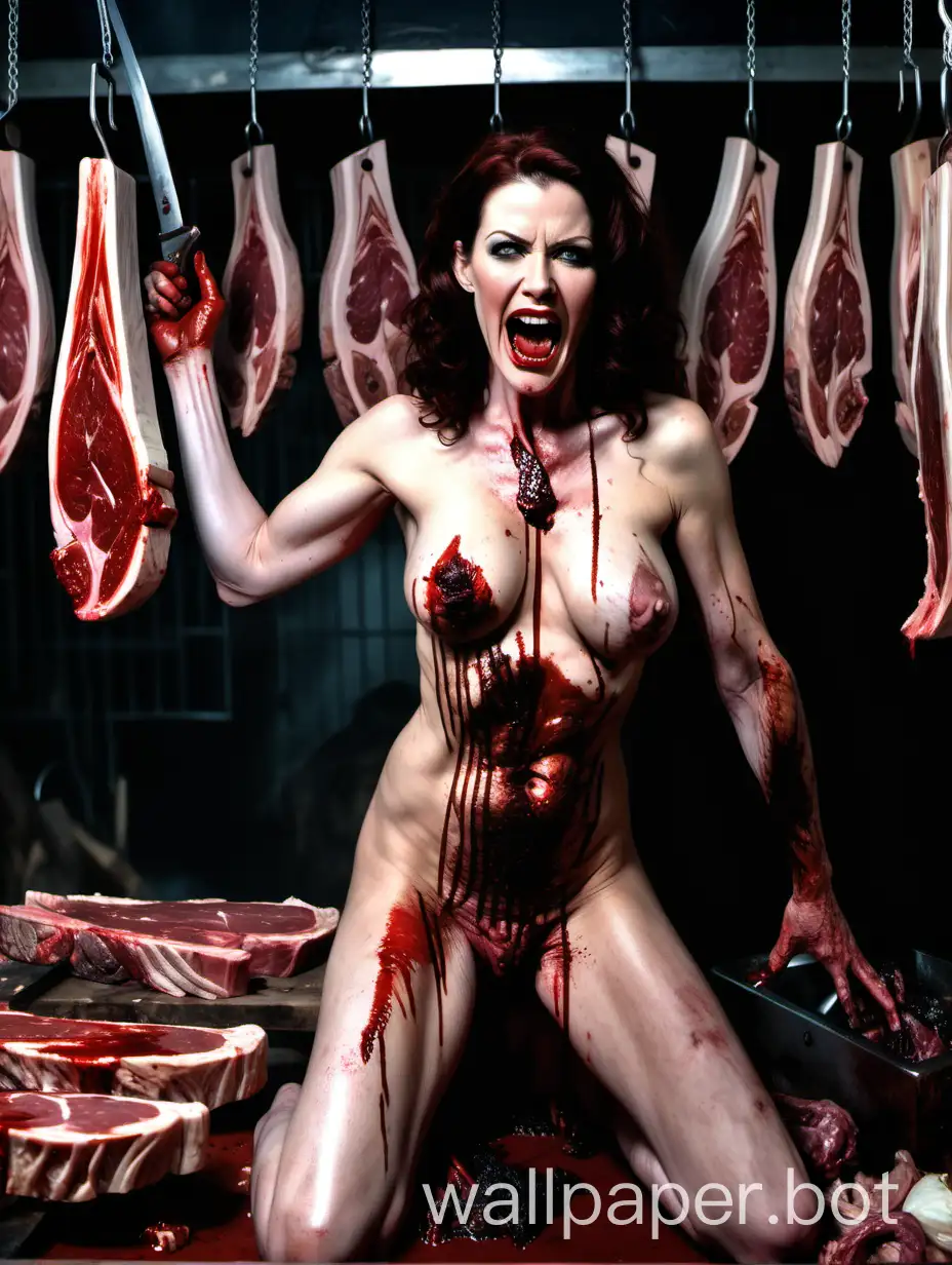 A photo quality portrait of nude naked mature grannie milf Bridget Regan with huge brests as a beautiful butcher with a slightly overweight build, with red lips in cannibal butchershop, in abattoir, the look is full of contempt and disgust, Predatory animal grin, in transparent sandals with a very high platform and heels, large heavy congo earrings, bright aggressive makeup, butcher cleaver in hand, standing on a pile of dead human bodies, an angry expression, evil angry insidious seductive smile, poses against the background of Carcasses of butchered people hanging on meat hooks. ((BLOOD AND GORE))