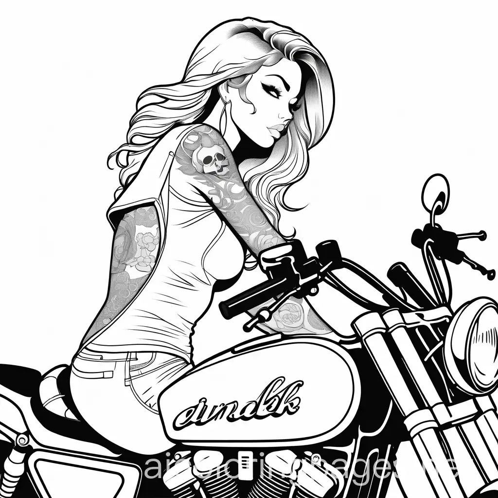 Motorcycle biker skulls chick sexy tattoos, Coloring Page, black and white, line art, white background, Simplicity, Ample White Space.