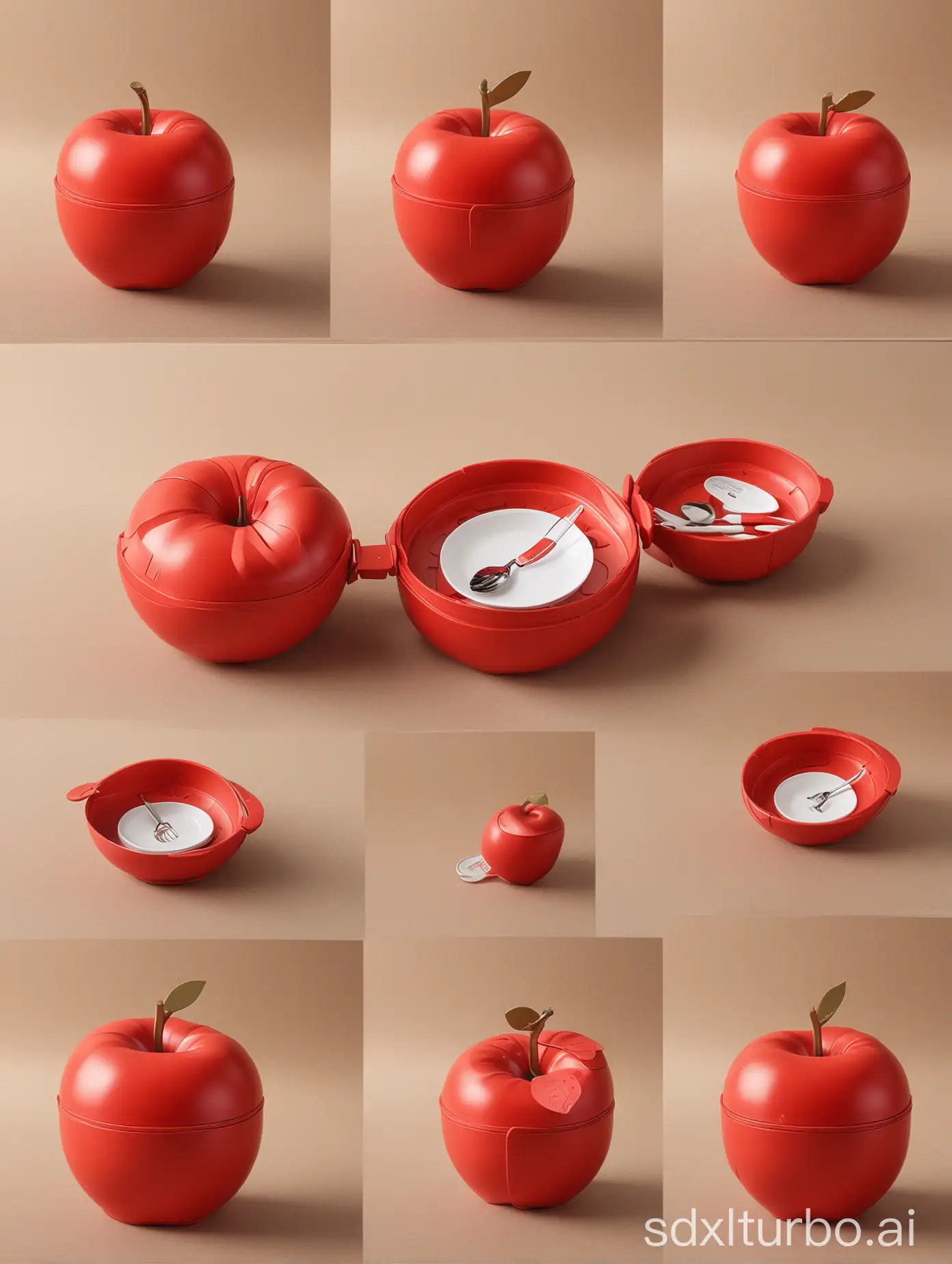 Product design Multi-functional portable tableware box, is the portable tableware box shaped like a red apple, creative design, Industrial storyboard design, detail design, sketch style, step-by-step deduction for drawing a Multi-functional portable tableware box