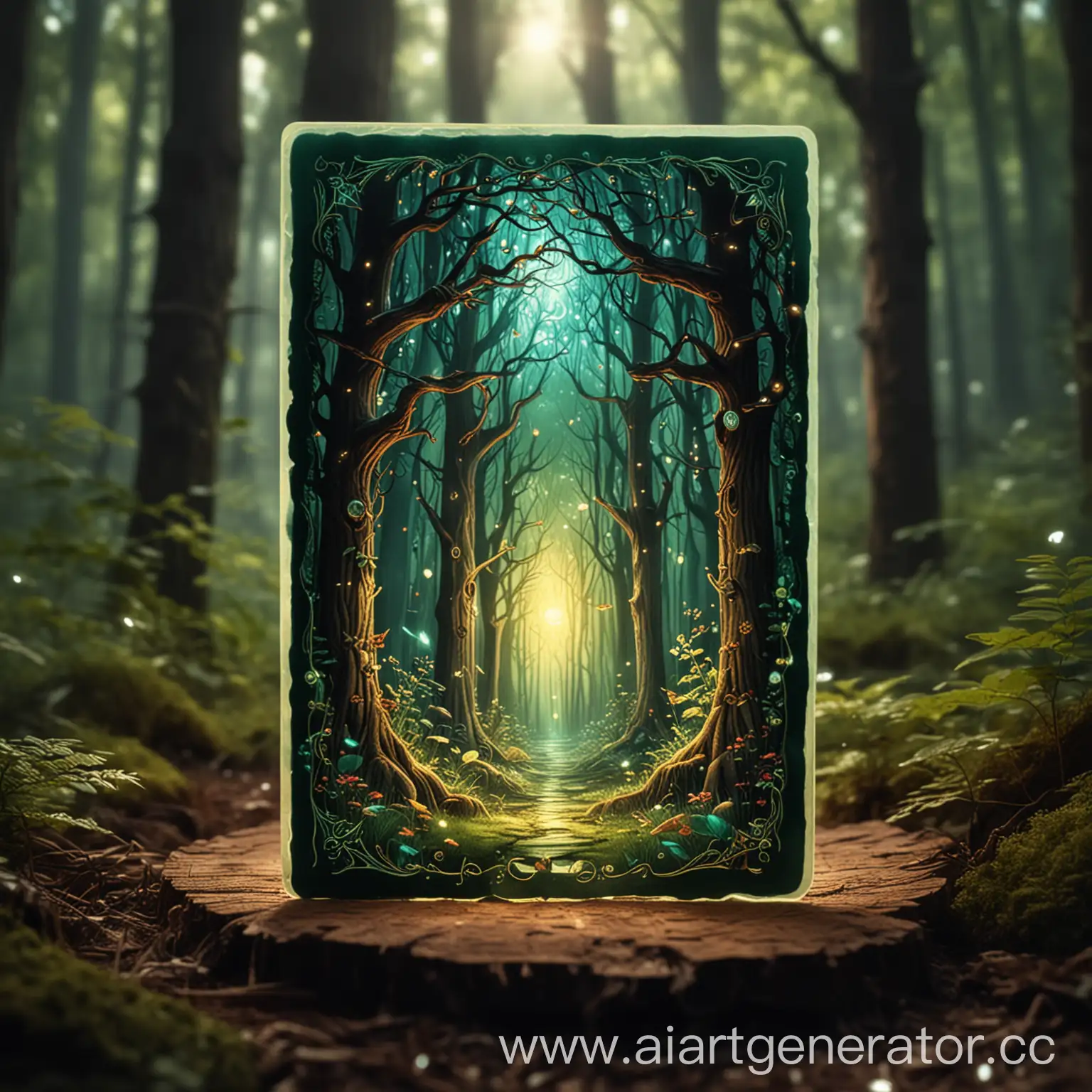 Светящаяся карточка в волшебном лесу крупный  план