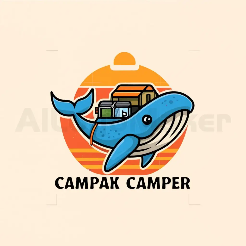 a logo design,with the text "Whaling camper ", main symbol:Whale, camper on the back of a whale, orange background, camper in the form of a backpack ,Moderate,be used in Travel industry,clear background