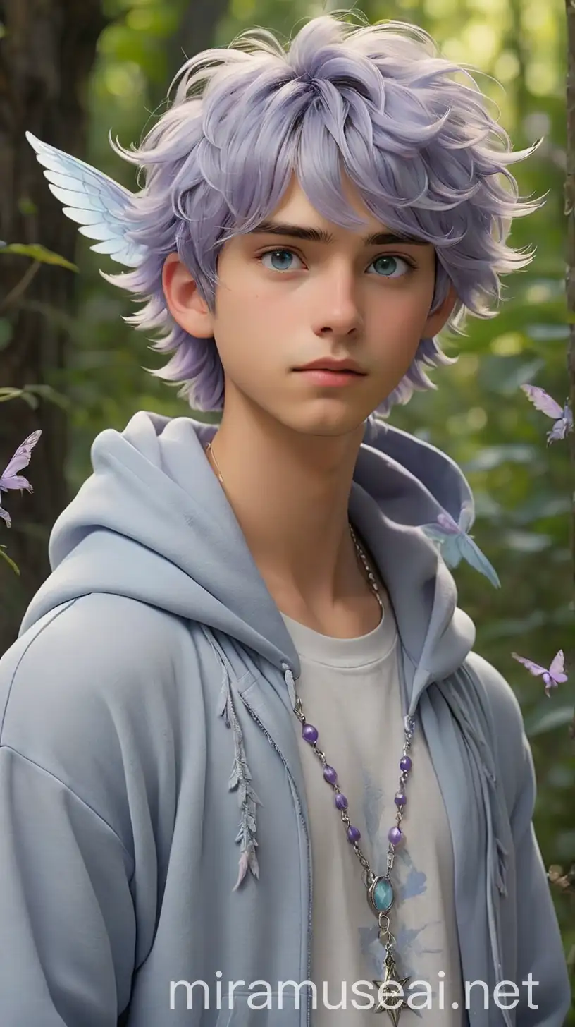 A charming young man with a soft, ethereal aura that captivates those around him. His hair is a tousled mix of light lavender and pale blue, falling in loose waves around his face, giving him an otherworldly appearance. His eyes shimmer with a gentle hue of light blue, reflecting his kind and empathetic nature. The Boy's complexion is fair and flawless, with a natural rosy flush on his cheeks, adding to his gentle demeanor. His outfit combines elements of 2020s ethereal softboy, fairycore, bubblegum witch, and wizardcore aesthetics, with a streetwear twist, showcasing his unique sense of style and magical heritage. He wears a light blue oversized hoodie adorned with delicate embroidery of mystical symbols and fairy wings, adding a touch of whimsy to his look. Underneath the hoodie, he layers a sheer white t-shirt with subtle lavender accents, creating a dreamy and layered effect. The Boy's trousers are tailored from soft, flowing fabric in a pale shade of purple, with intricate lace-up details at the sides reminiscent of enchanted forest vines. On his feet, he wears white sneakers with pastel blue accents and silver metallic detailing, combining comfort and style for his everyday adventures. The Boy accessorizes himself with silver jewelry, including charm bracelets adorned with tiny fairy charms and delicate rings featuring moon and star motifs. In his hair, he wears a simple headband woven from lavender ribbon, adorned with small crystal beads and feathers, adding a touch of magic to his ensemble. The Boy's makeup is subtle and natural, with a hint of lavender eyeshadow, glossy lips, and dewy skin, enhancing his ethereal beauty. Overall, The Boy exudes a gentle and mystical vibe, blending elements of fantasy, streetwear, and softboy aesthetics in his enchanting fashion choices.