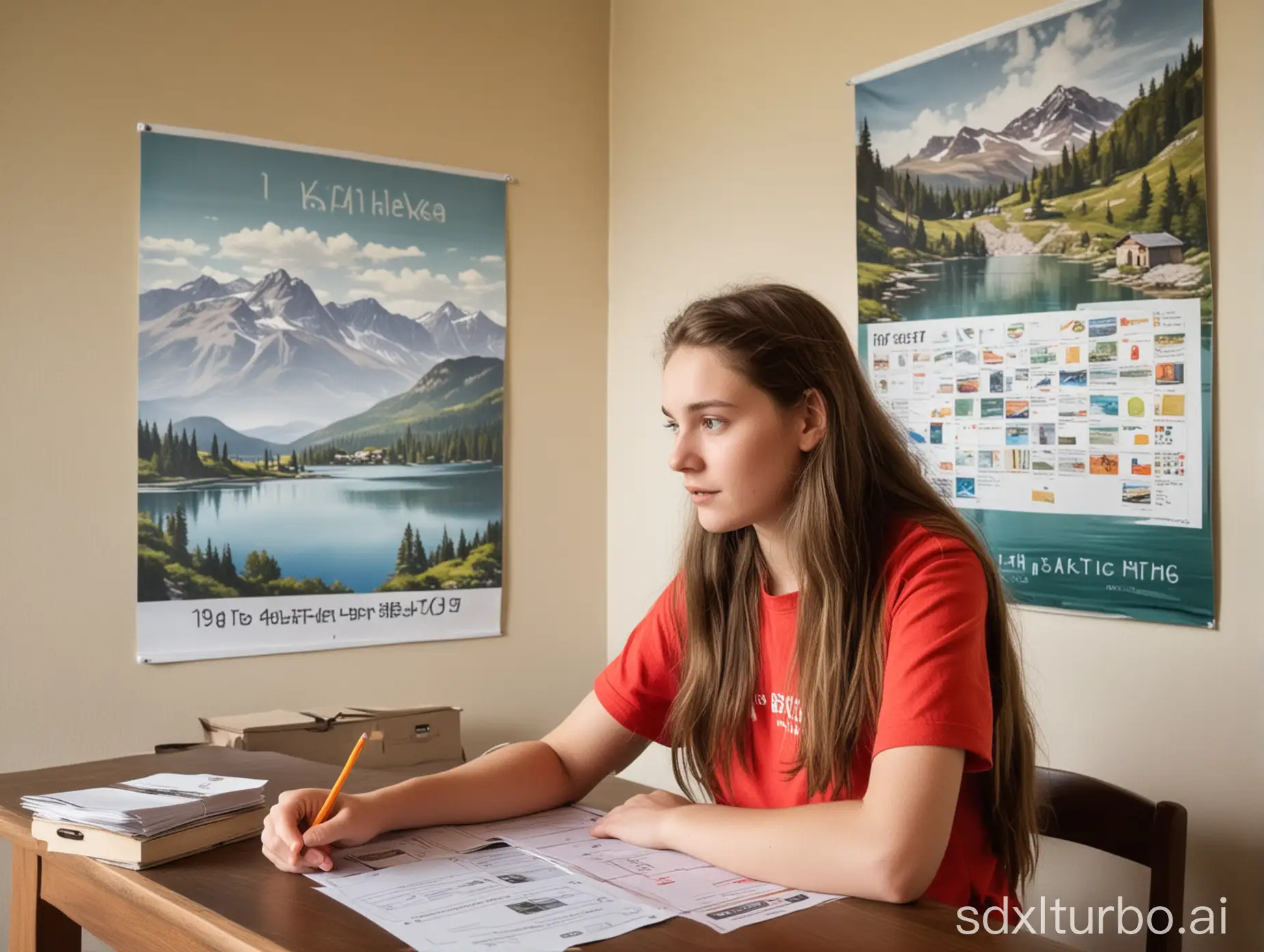 16 year old girl learns with a flashcard box. in the background is a poster on the wall - it shows a lake and a mountain