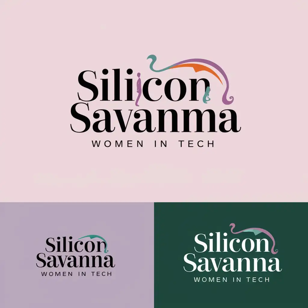 a logo design,with the text "Silison Savanna Women in tech", main symbol:Create a set of elegant, modern, and feminine logo for my professional women program called Silicon Savanna Women in tech. The logo name is 'Silicon Savanna Women in tech'. The color scheme should ideally be a blend of pink or purple, Orange and Blue with black or green palletes - The logos will be part of a larger logo that is green and red in color.nnMain logo.: Silicon Savannah Women;nSub logo 1: Silicon Savanna Women in technnKey Deliverables:n- Logo that reflects elegance, modernity and femininity.n- Usage of blend of pink or purple , Orange and Blue with black or green palletes.nnTimeframe:n- The project must be completed within one week.,Moderate,be used in professional women program industry,clear background