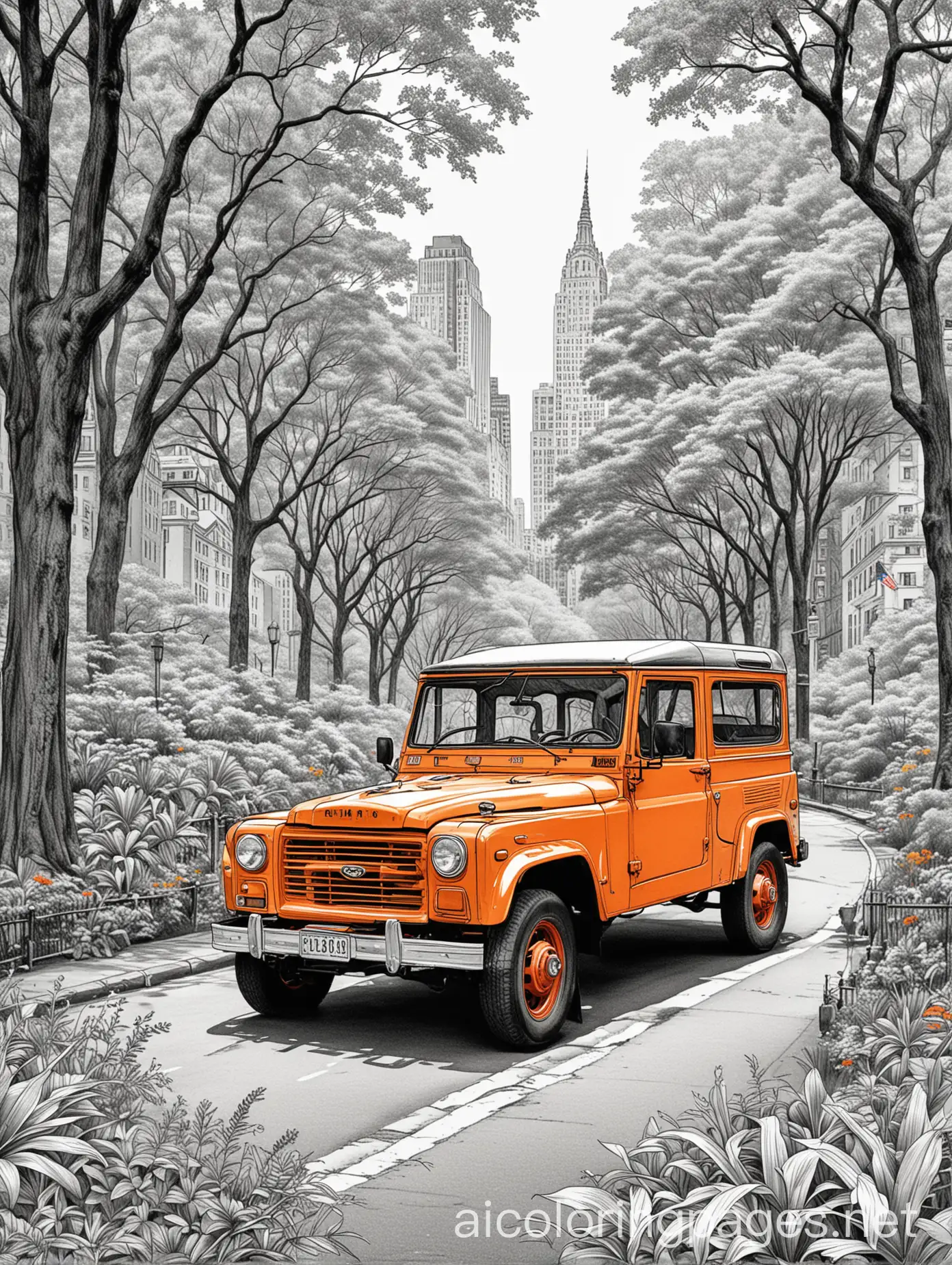 create book cover with vector drawing scratches and detailed lines colorful and realistic, of classic old and iconic vehicles in the streets central park in old New York, A4 paper size, vector lines with vegetation background, coconut trees, trees, flowers very colorful and beautiful, Coloring Page, black and white, line art, white background, Simplicity, Ample White Space. The background of the coloring page is plain white to make it easy for young children to color within the lines. The outlines of all the subjects are easy to distinguish, making it simple for kids to color without too much difficulty