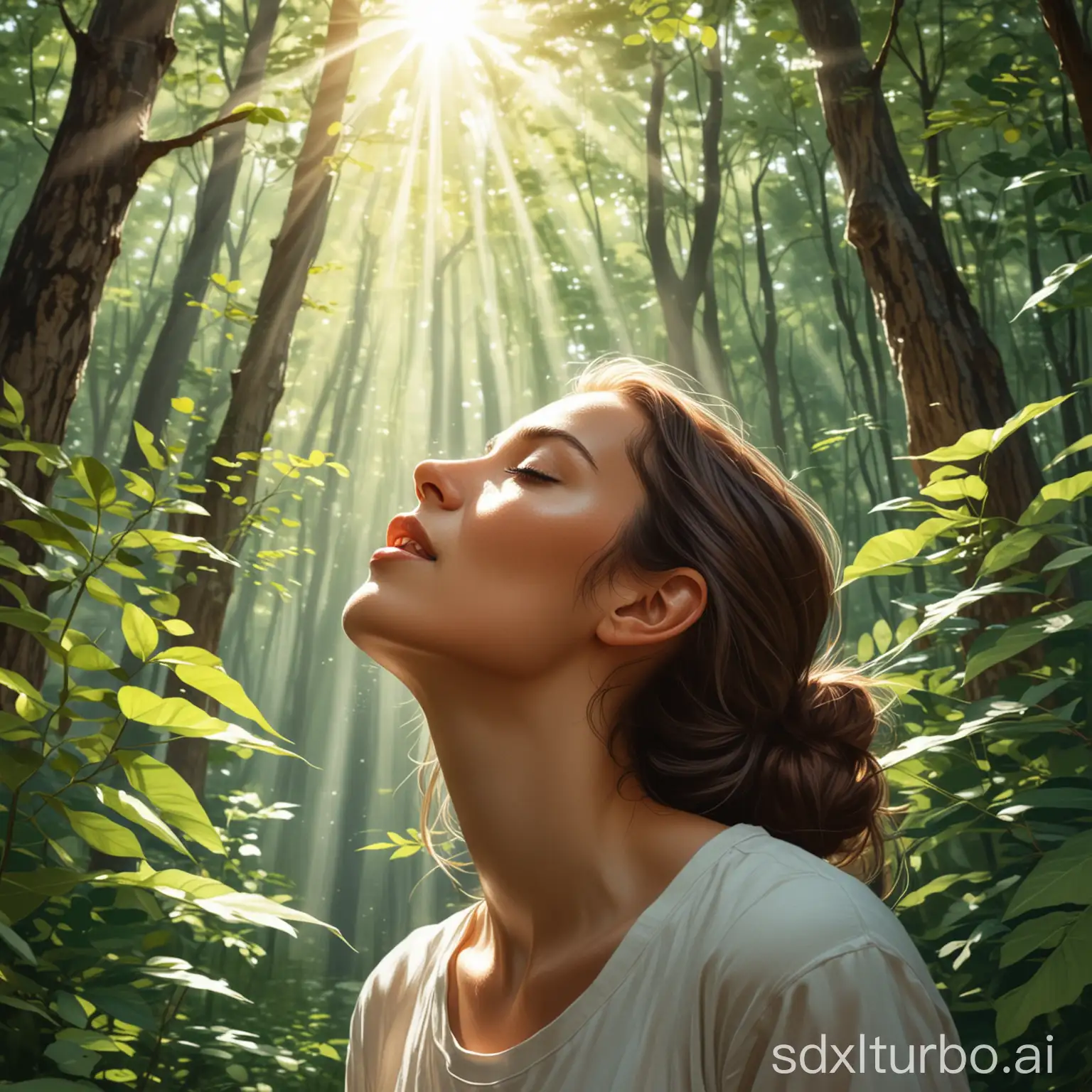 A picture in illustration style, showing a person taking a deep breath in a tranquil forest, sunlight streaming through the leaves onto her body, her face filled with peace and tranquility.