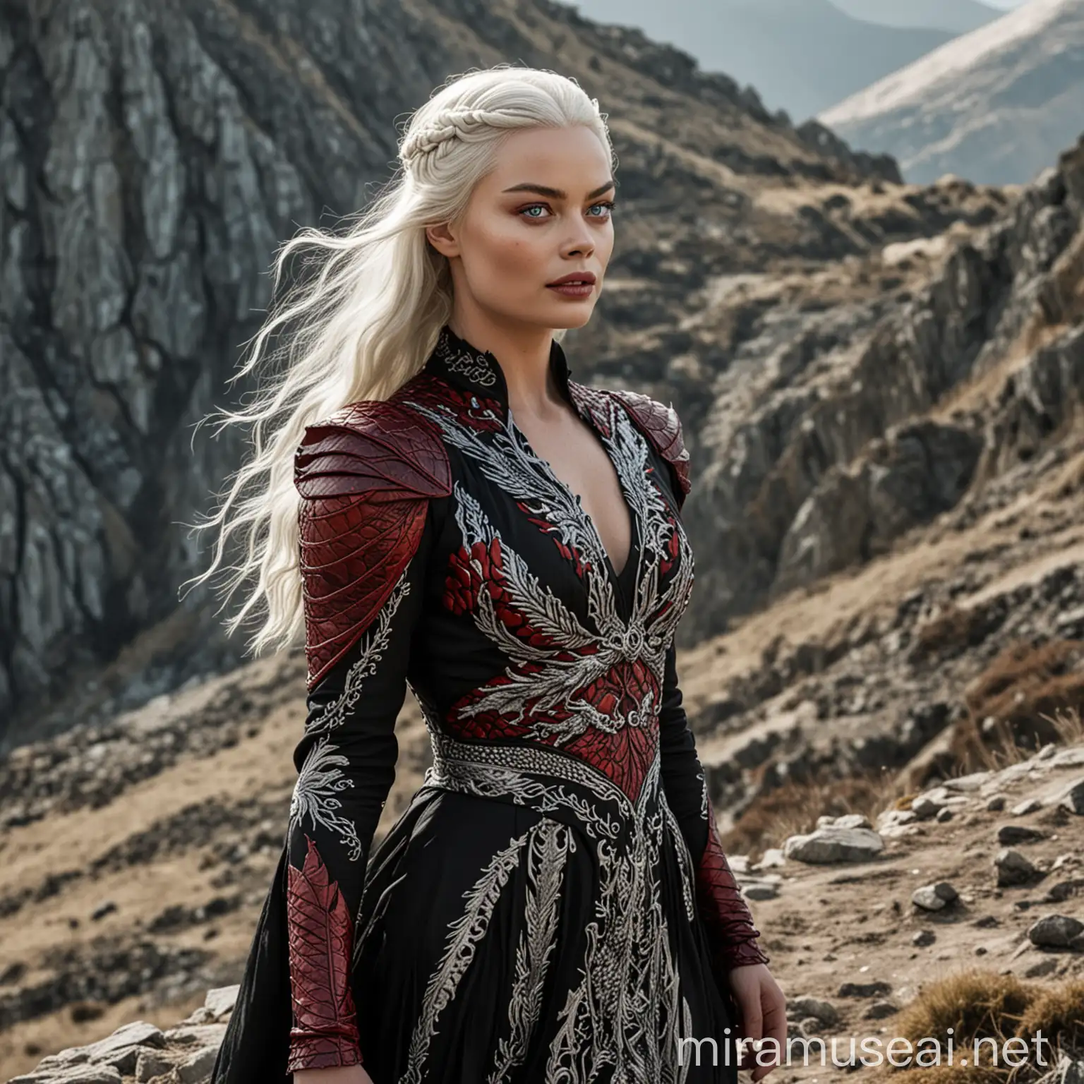 Margot Robbie en tant que princesse de la Maison Targaryen de l'Ancienne Valyria aux yeux clairs avec de longs cheveux blancs-argentés, portant une longue robe noire avec des motifs d'écailles de dragon rouges de part et d'autre, marchant sur une pente ensoleillée d'une montagne