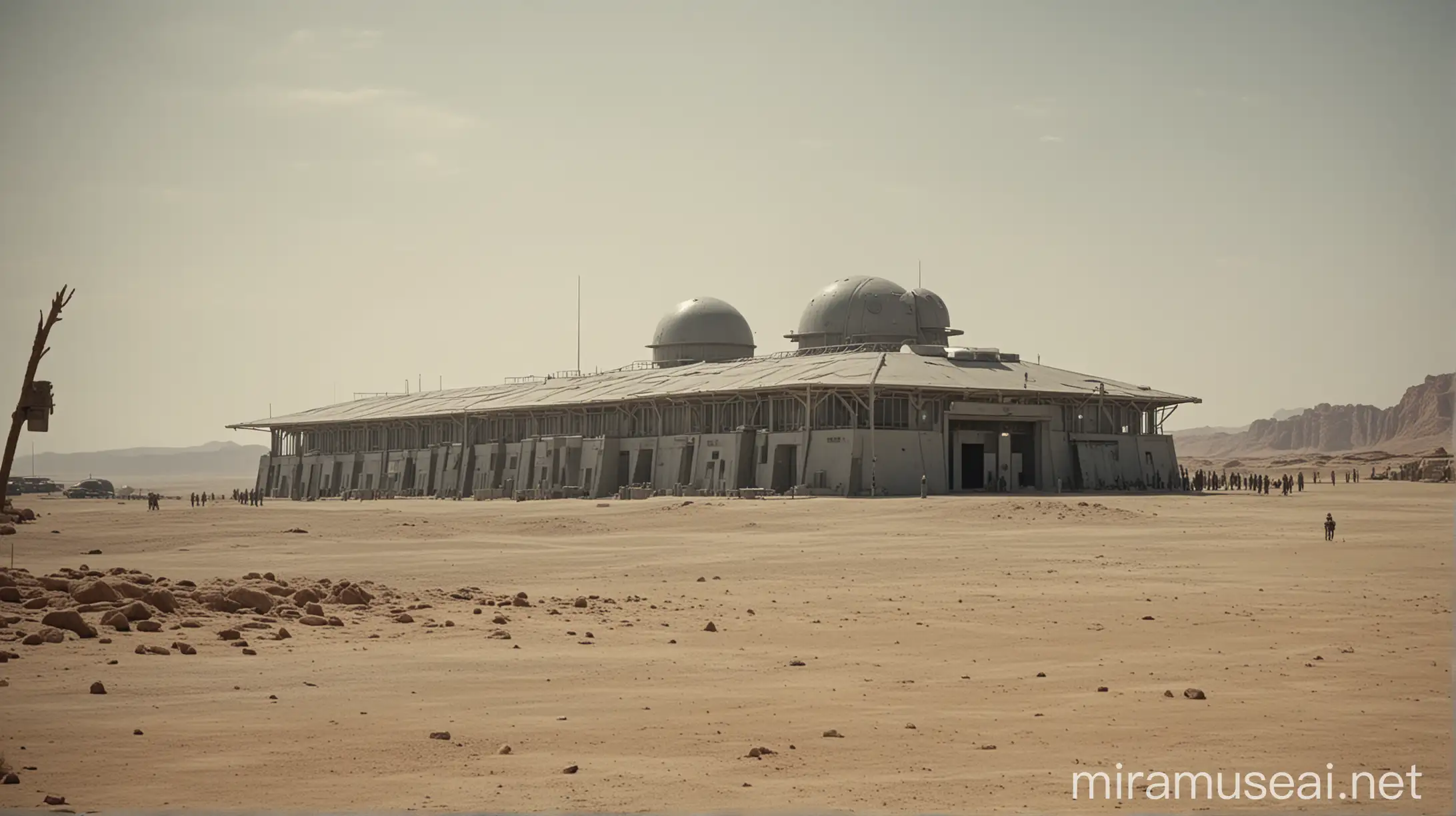 A LARGE PRISON-LIKE STRUCTURE, THAT IS A MILITARY BASE, ON A DESERT ALIEN PLANET, VERY HOT, MID DAY, FAR AWAY SHOT, BUILDING IS SMOOTH GREY COLOR, GUARDS DRESSED IN GREY MILITARY UNIFORMS STAND GUARD AROUND IT, HIGH DEFINITION