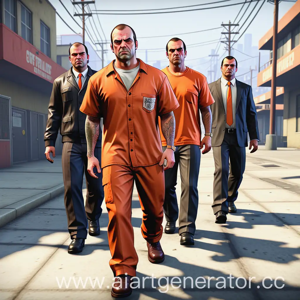 Создай изображение в стиле "GTA 5 ", где агенты FIB сопровождают зеков в оранжевой одежде