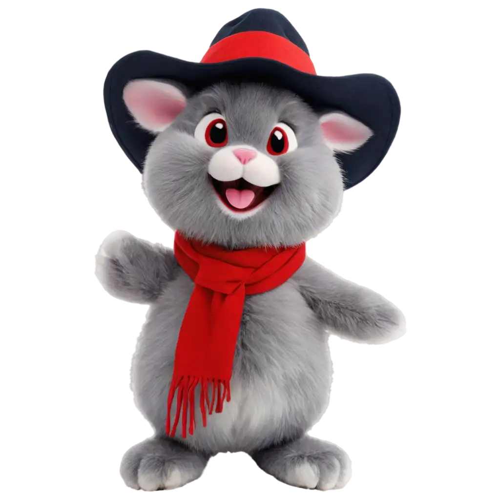 un conejo de peluche gris con dientes pronunciados, de sombrero vaquero y pañoleta vaquera roja, de apariencia adorable, cuerpo entero mostrando su colita de algodon. que demuestre alegria y felicidad, cotextura larga pero no mucho