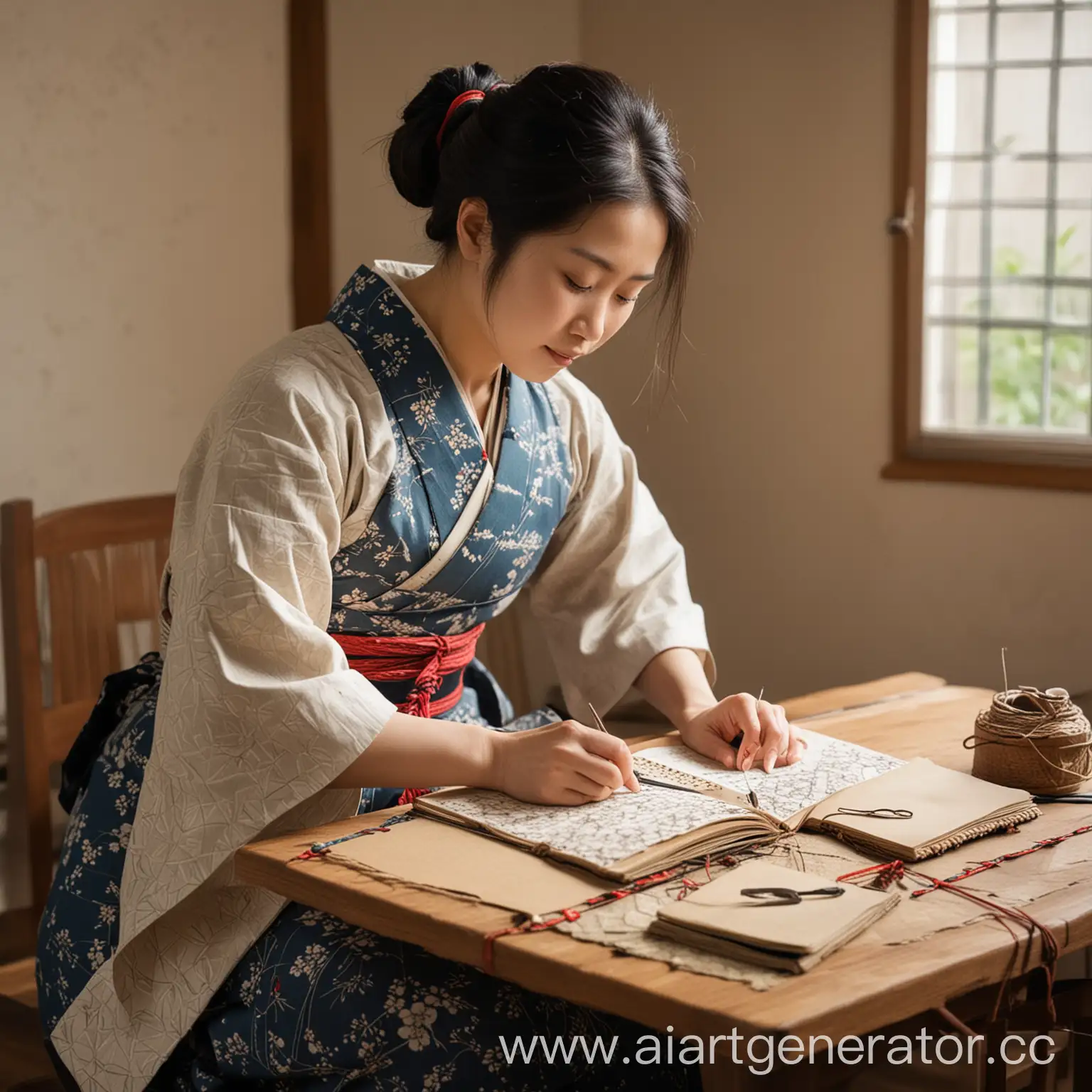 Japanese-Woman-Sewing-Traditional-Notebook-with-Historical-Flair