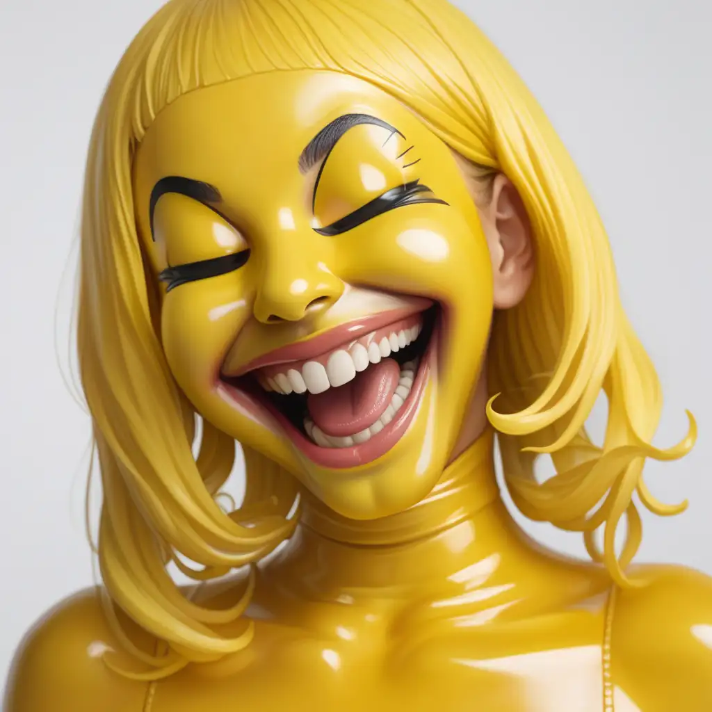 Латексная девушка в образе смеющегося смайлика с желтой латексной кожей с желтым латексным лицом Изображение сделать в милой стилистике