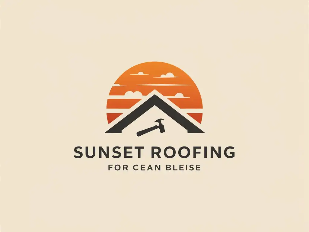 friendly professional logo "Sunset Roofing" with a roof symbol and hammer incorporated 