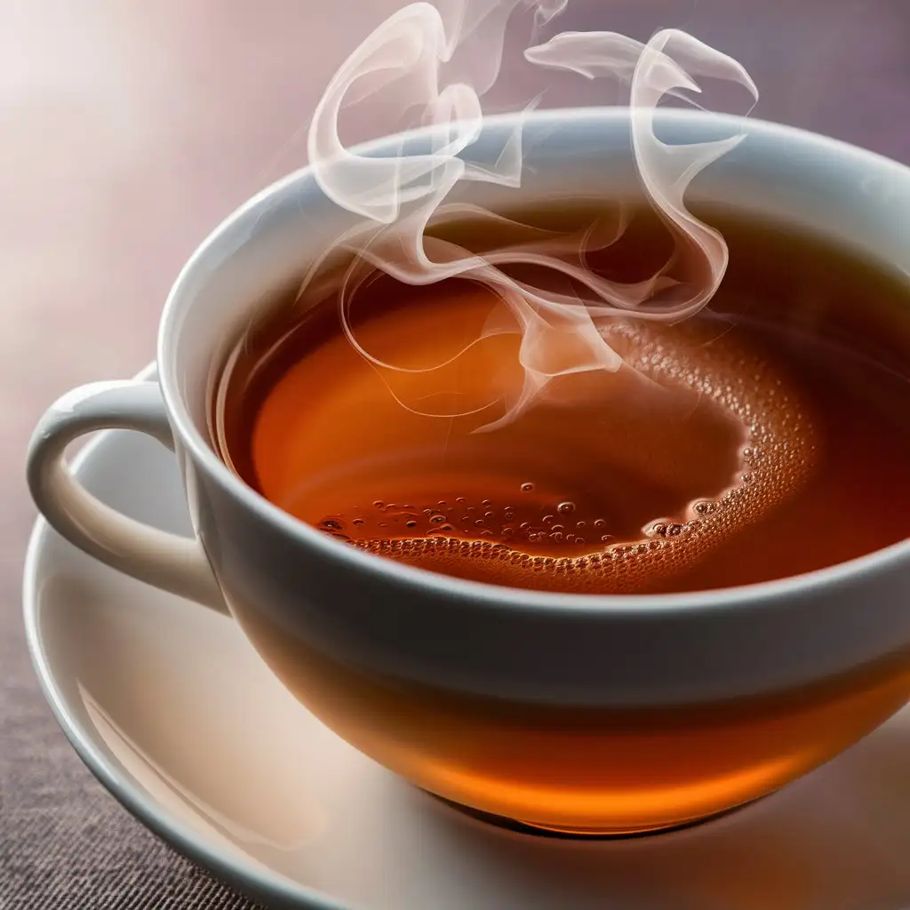 A photorealistic close-up of a cup of tea with steam rising from it.