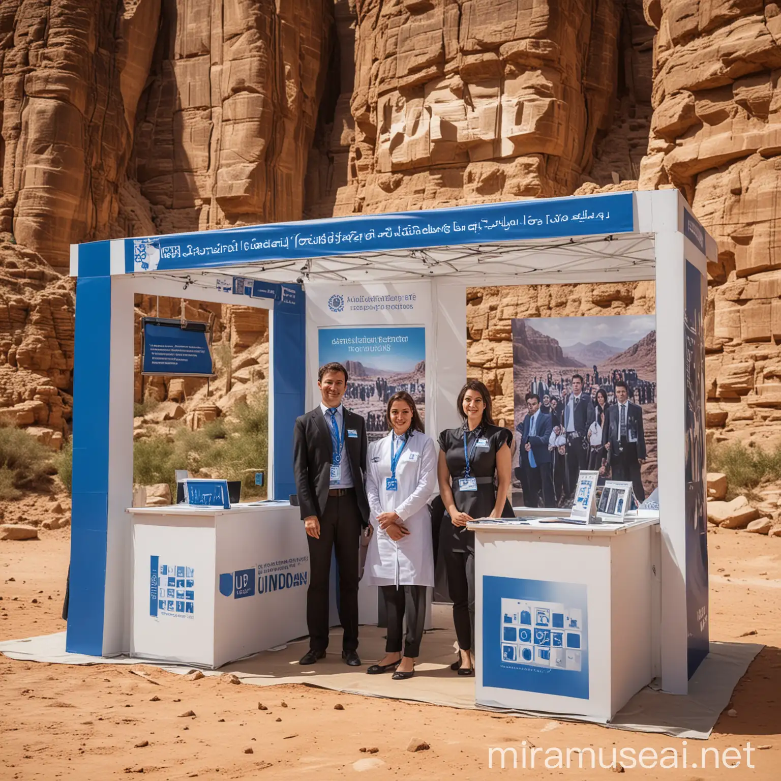 A realistic picture of promotional UNDP booth with UNDP staff in a location that matches the aesthetic of Petra Jordan