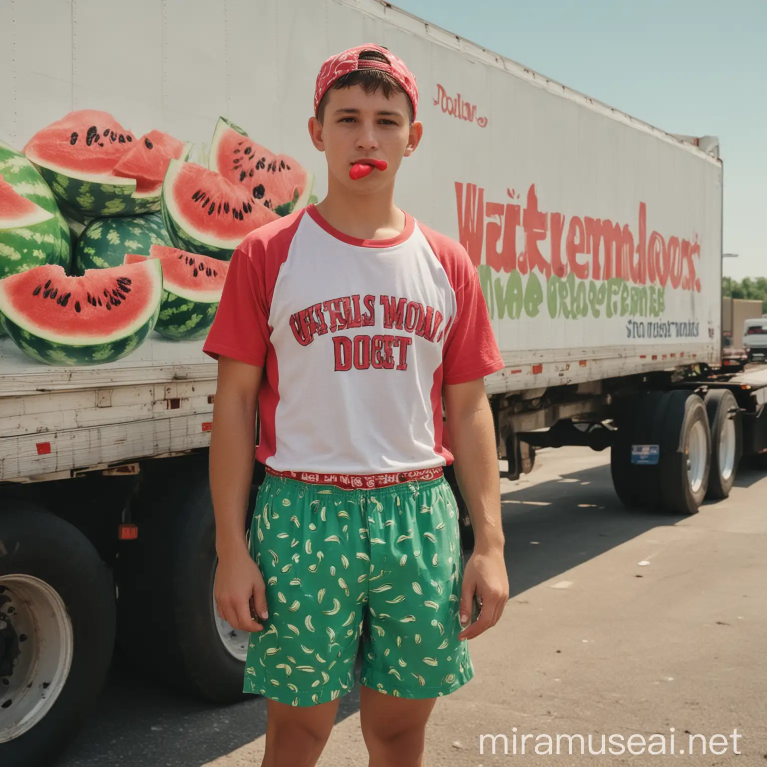 Ikbol, Isakov, Ikbolzhon, Chicago, Jewel Osco, Dollar, watermelons from Florida, seling watermelon in semi trailer truck, in shorts and old T-shirt, smoking,