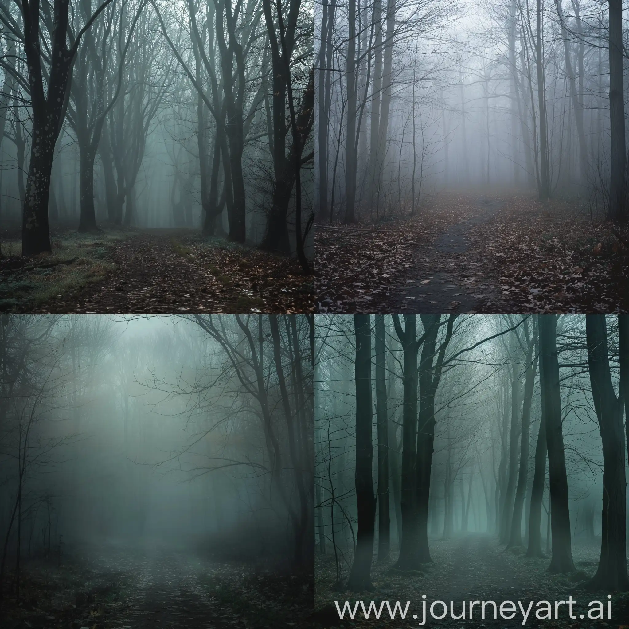 very thick fog in a scary forest, path in the middle, creepy atmosphere