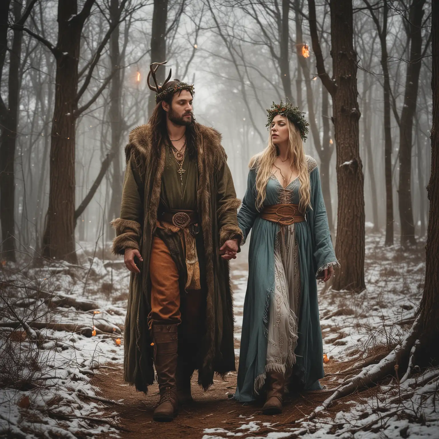Pagan Winter Solstice Celebration in Wooded Area with Man and Woman