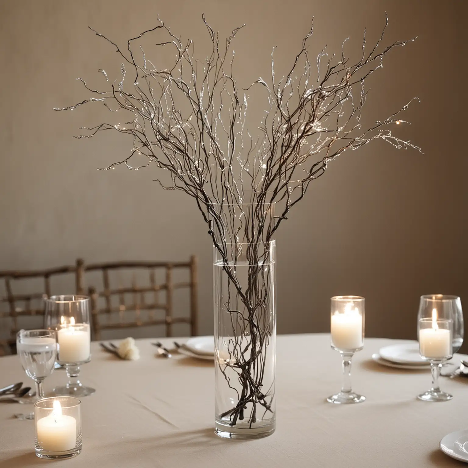 small and simple DIY elegant wedding centerpiece with sparkly curly willow
