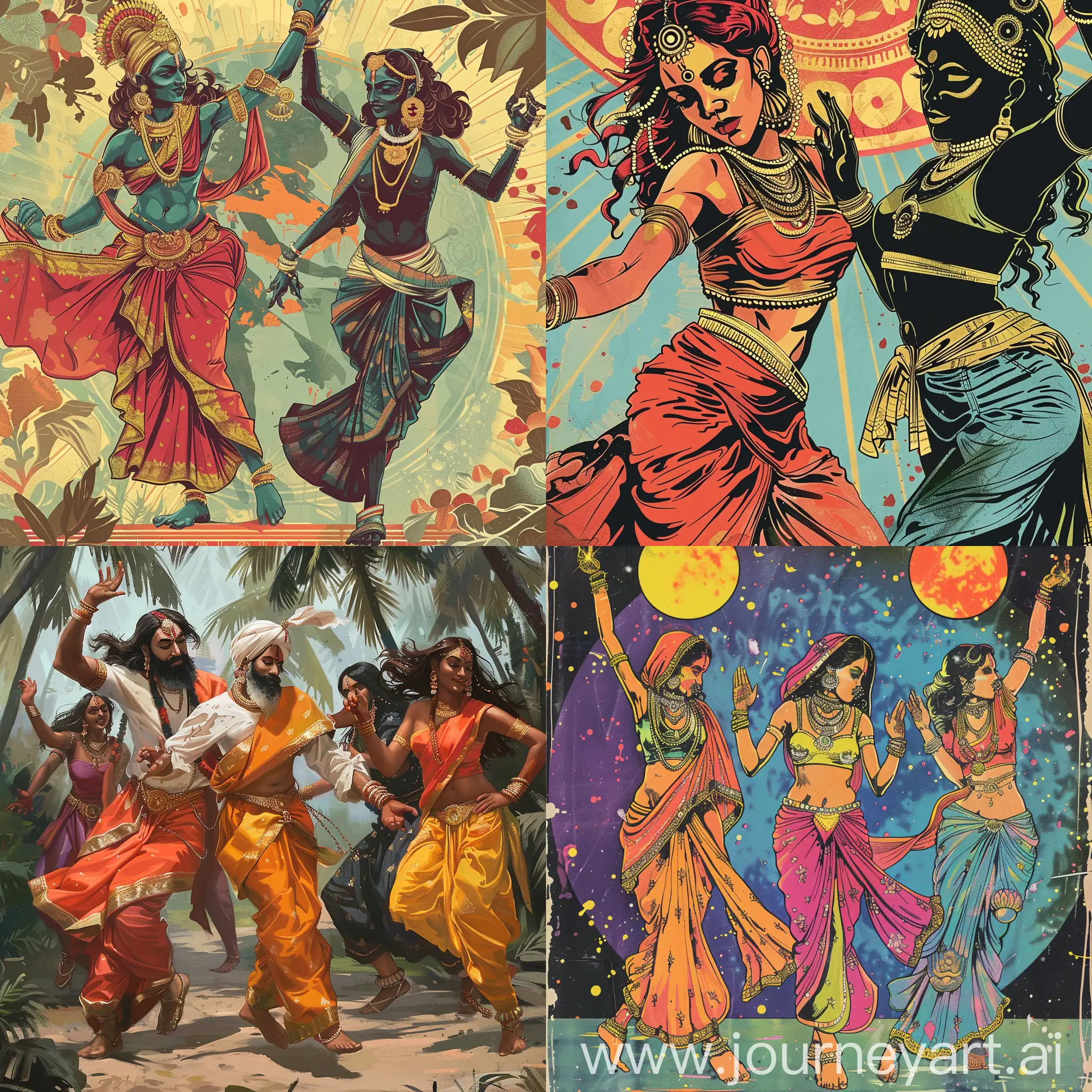 Обложка для трека, трек про индийских богов на дискотеке, индийские боги в модной одежде танцуют, deephouse music