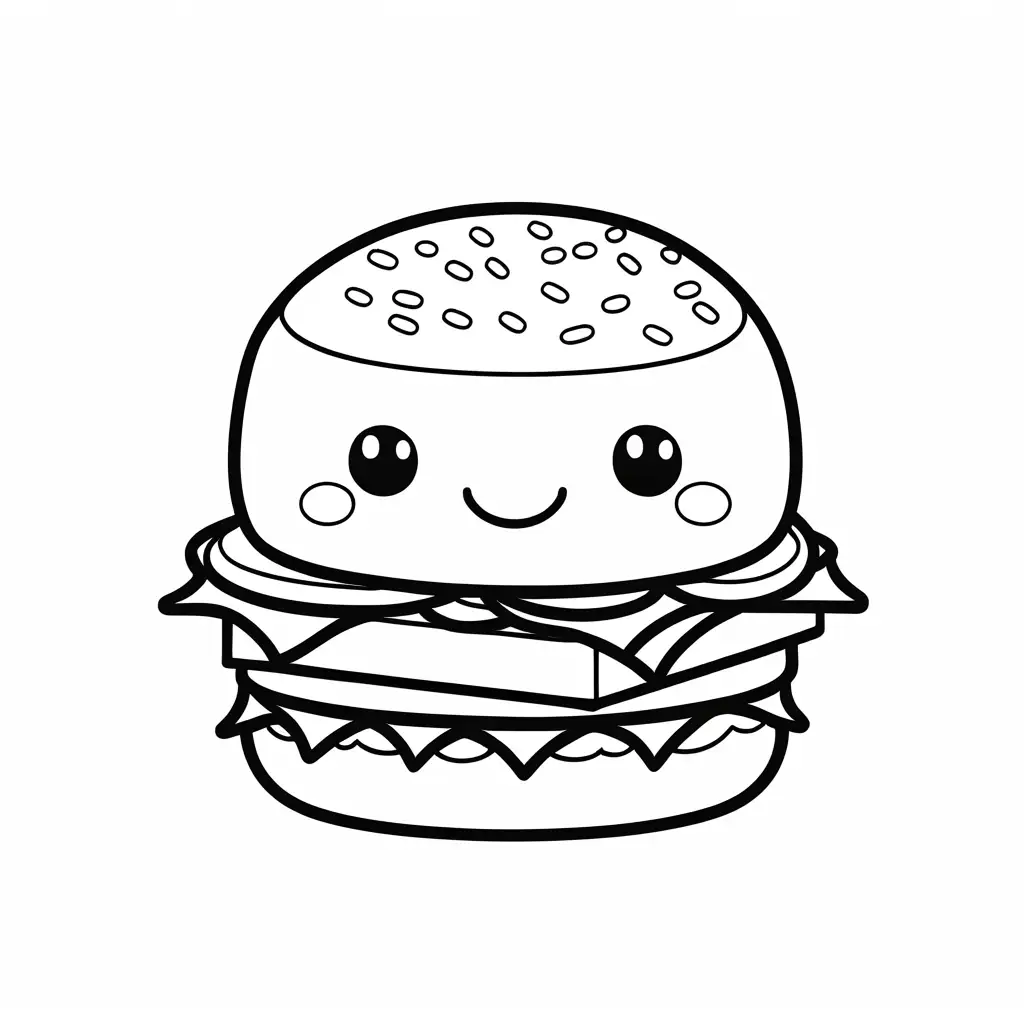 Kawaii happy burger, Coloring Page, black and white, line art, white background, Simplicity, Ample White Space