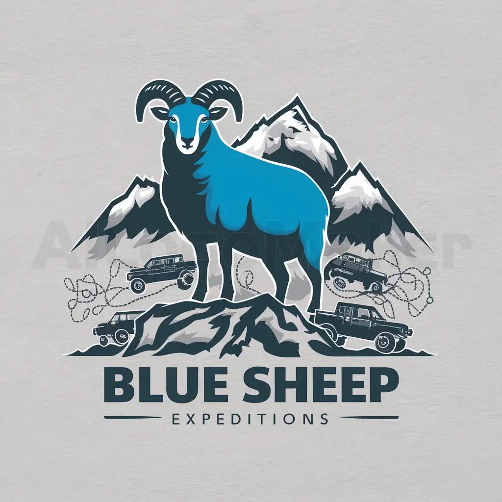 LOGO-Design-For-Blue-Sheep-Expeditions-Majestic-Blue-Sheep-amidst-Snowy-Mountains-and-OffRoad-Trails