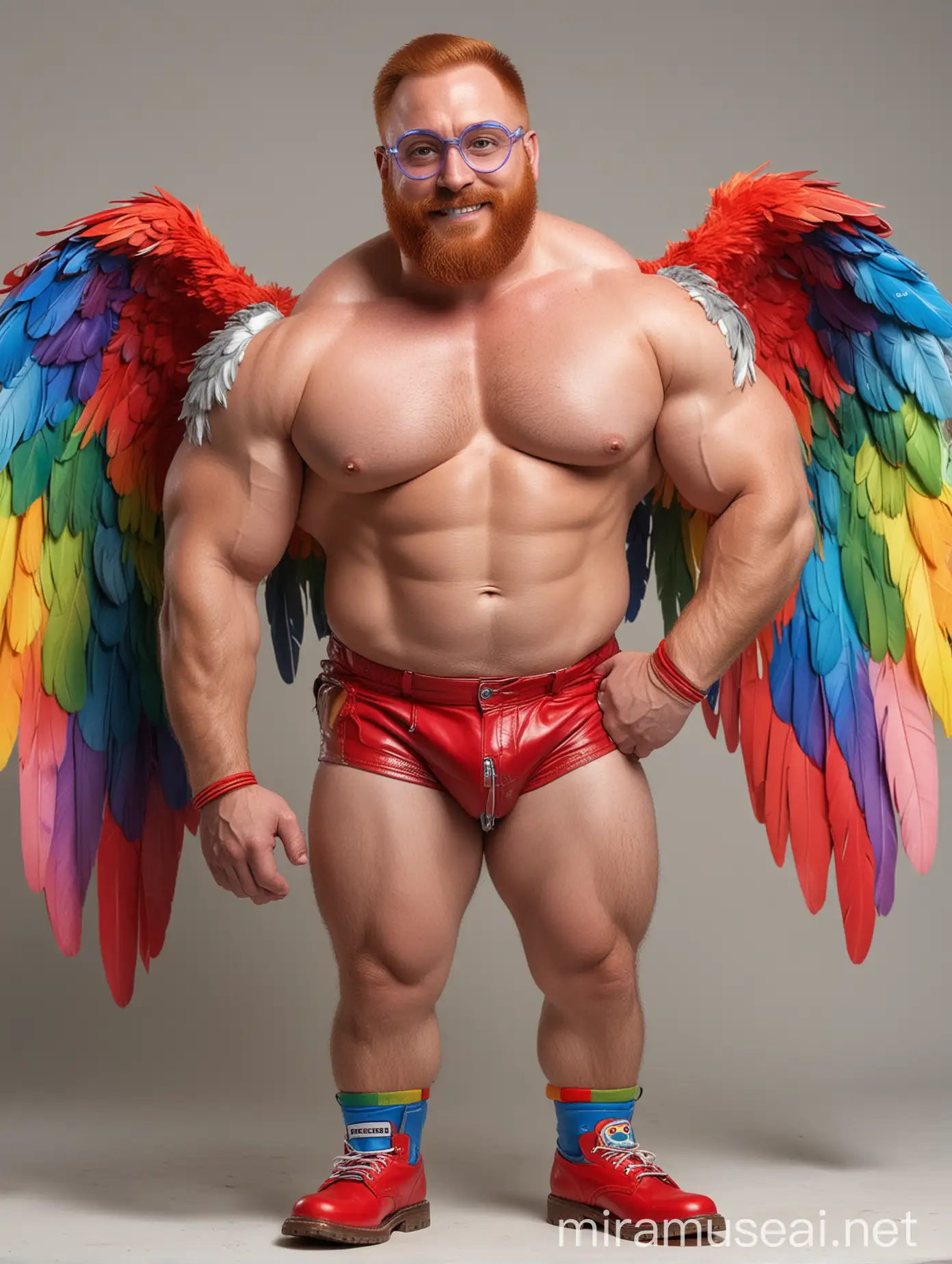 Muscular Bodybuilder Daddy Flexing with Rainbow Wings and Doraemon Goggles