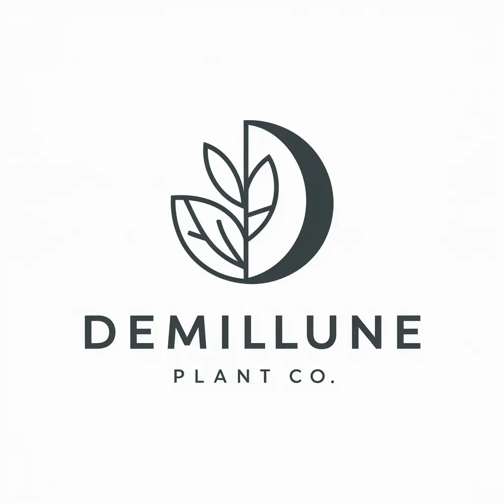 a logo design,with the text "Demilune Plant Co", main symbol:Half Moon and half plant leaf creating the letter D,Moderate,be used in Retail industry,clear background
