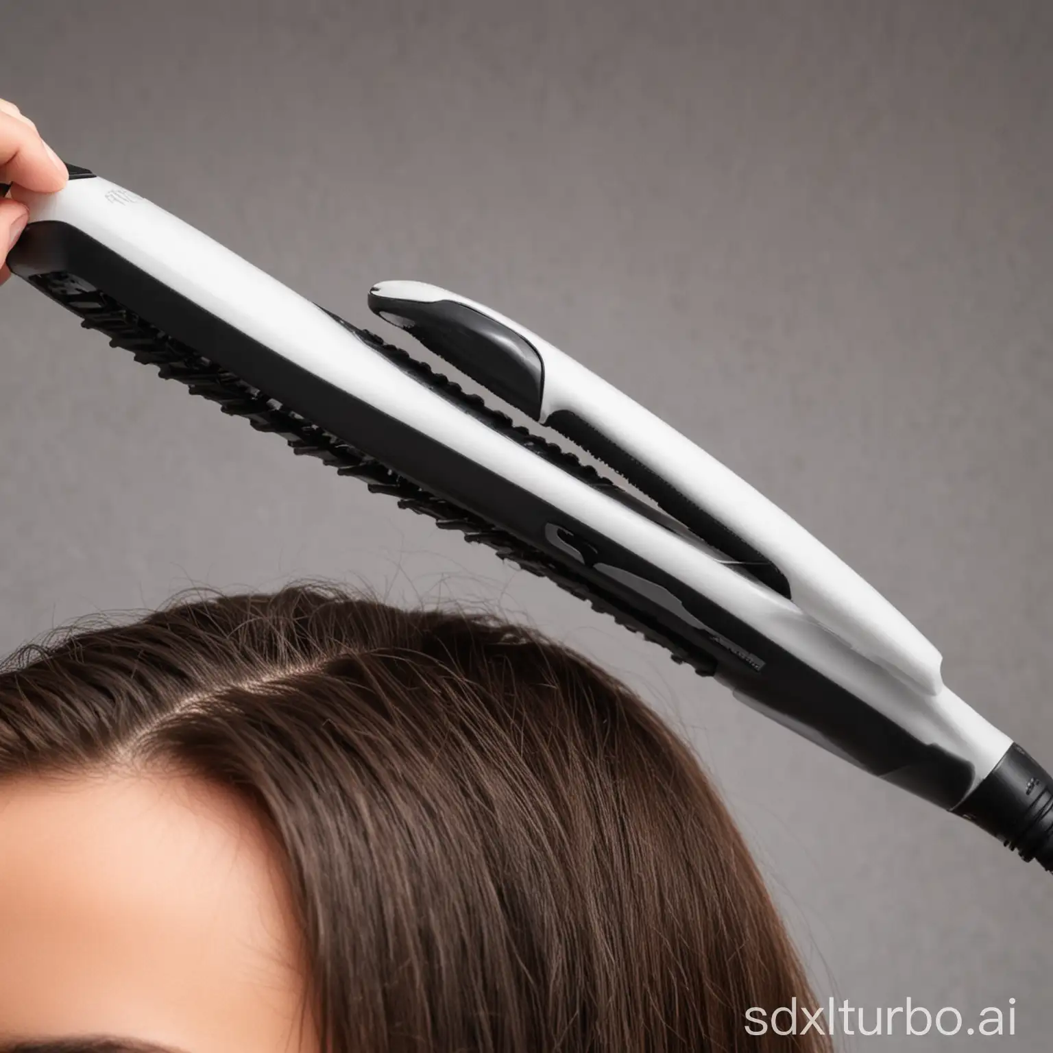 A close-up image of a hair straightener in use. The straightener is being used on a section of hair, and the steam from the straightener is visible. The hair is smooth and shiny, and the straightener is easy to grip and use.
