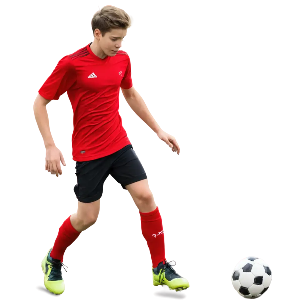  YOUNG TEENAGER
 ON RED KITS WHITE SOCKS AND REED BOOTS PLAYING SOCCER WITH ONE BALL
