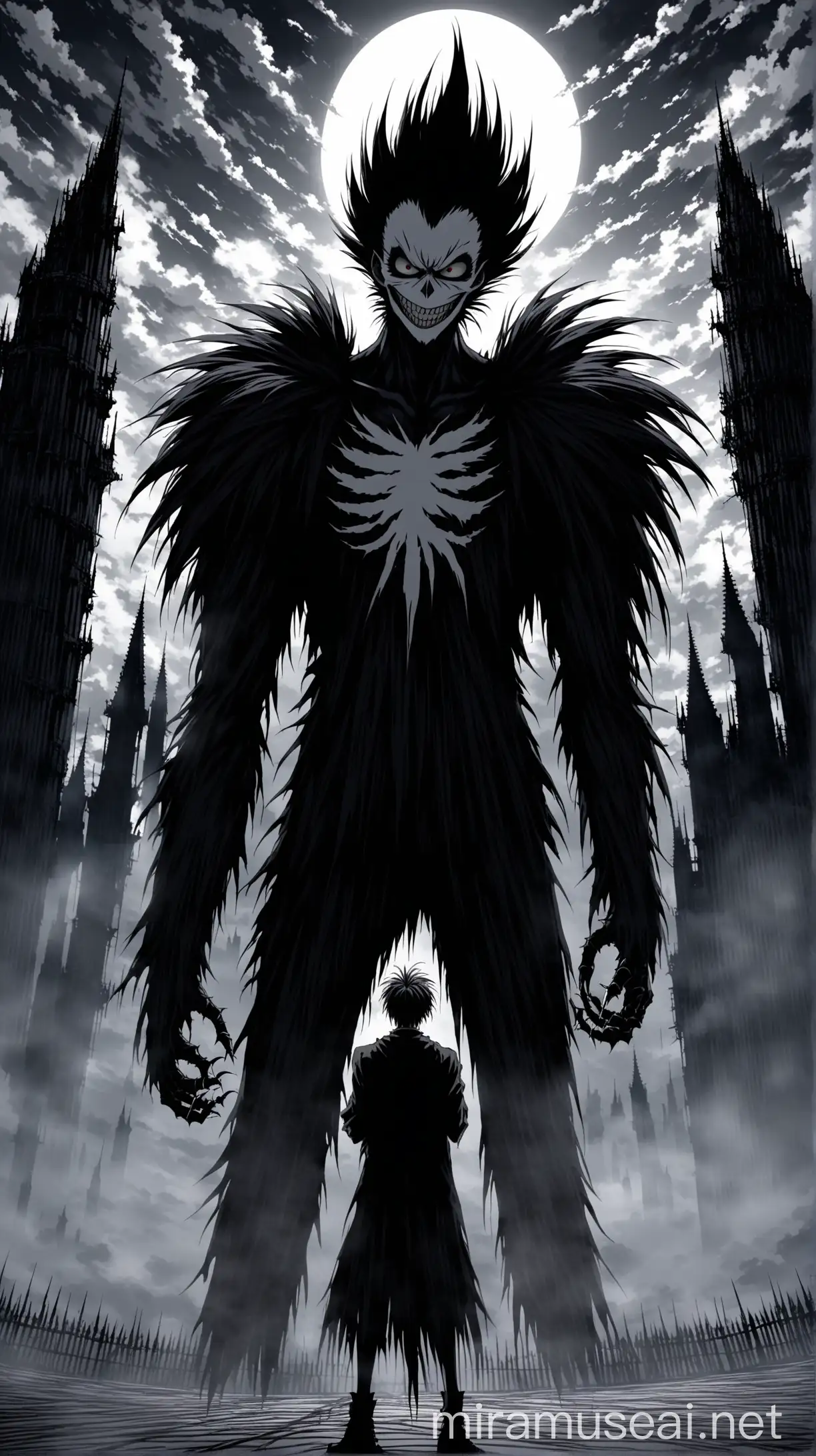 Ryuk standing to the towers a writing the Death note book.