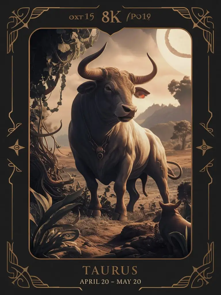 Design a HQ "Title: Taurus" tarot card featuring "Subtitle: April 20 - May 20" premium 14PT black card stock authenticated breathtaking 8k 16k visuals /"A majestic bull with powerful horns, a strong build, and a gentle gaze, surrounded by lush vegetation or a serene landscape."/, complex fandom artwork, Add_Details_XL-fp16 algorithm, 3D octane rendering style (3DMM_V12) with the mdjrny-v4 style, infused with global illumination --q 200 --s 275 --ar 3:4 --chaos 500 --w 500