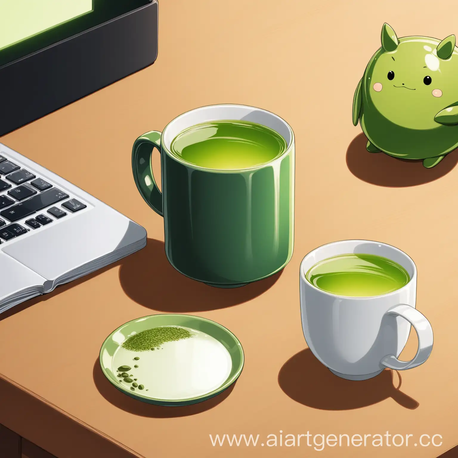 Кружка с зеленым чаем и аниме тян сидящей рядом