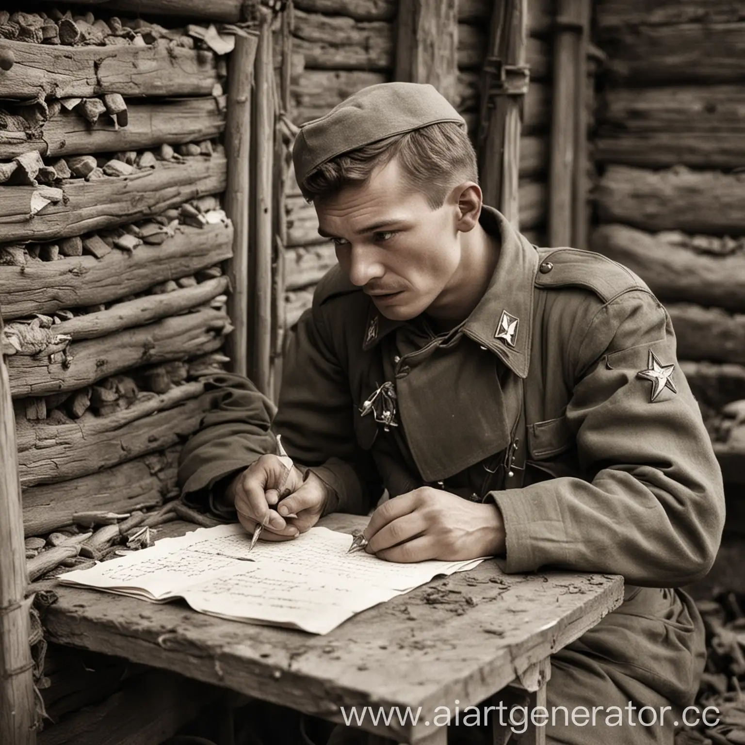 солдат Советской армии  в 1941 году  пишет письмо в землянке


