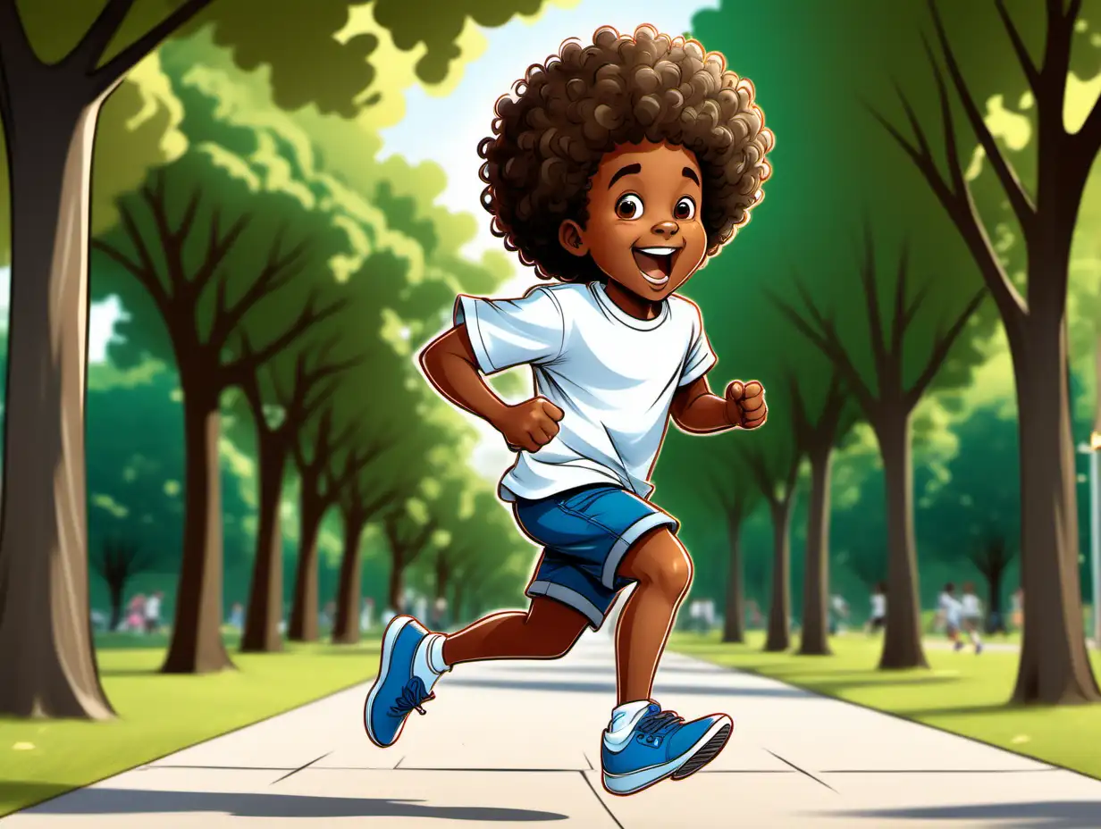 cartoon 6-year-old African American boy with a big curly afro, running energetically across a park. He looks excited and full of energy, he's wearing a white shirt with blue shorts and white shoes