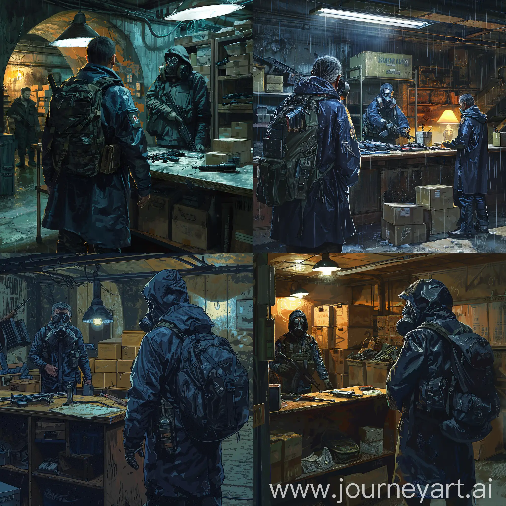 The STALKER universe, a mercenary in a dark blue military raincoat, in military unloading, with a backpack on his back, a gas mask on the mercenary's face, a character stands at an old dealer in weapon and equipment in an underground shelter, boxes and weapons behind the seller's back, a mercenary stands behind the counter, the merchant says something to the mercenary, the room is illuminated one table lamp on the dealer desk.