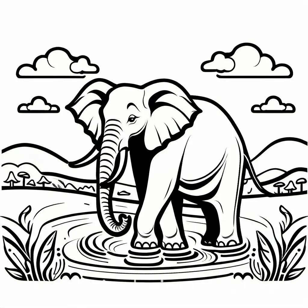 A friendly elephant spraying water with its trunk in a savanna., Coloring Page, black and white, line art, white background, Simplicity, Ample White Space. The background of the coloring page is plain white to make it easy for young children to color within the lines. The outlines of all the subjects are easy to distinguish, making it simple for kids to color without too much difficulty
