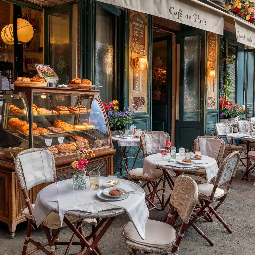 A French café setting with outdoor seating and pastries.